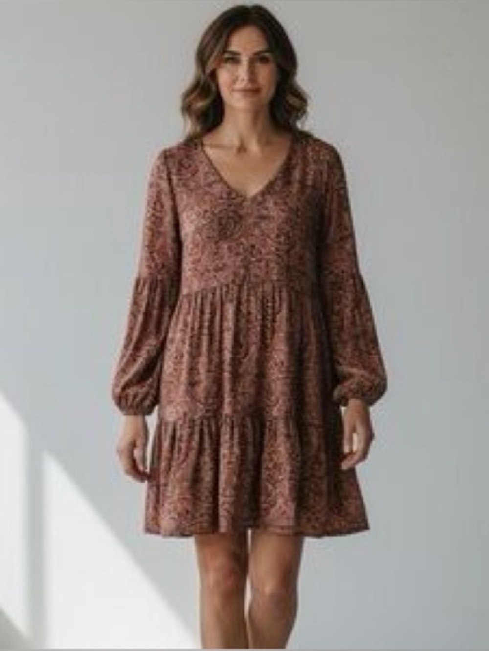 Rachel Ashwell Women’s Paisley Tiered Long Sleeve V Neck Dress, Size Large